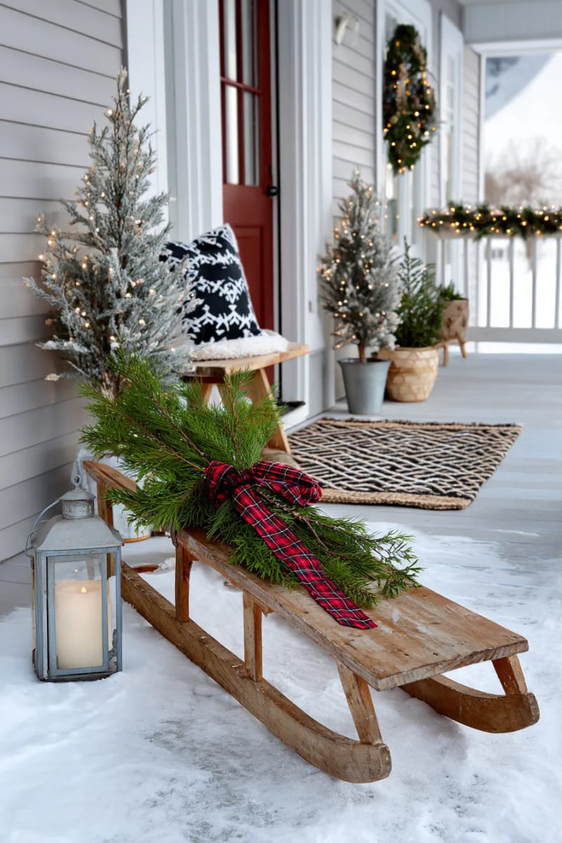 15 Christmas Decor Ideas for a Front Porch DIY That’s Simple but Stunning 21 lean a rustic sled with greenery and ribbon against the wall for nostalgic holiday flair. 1