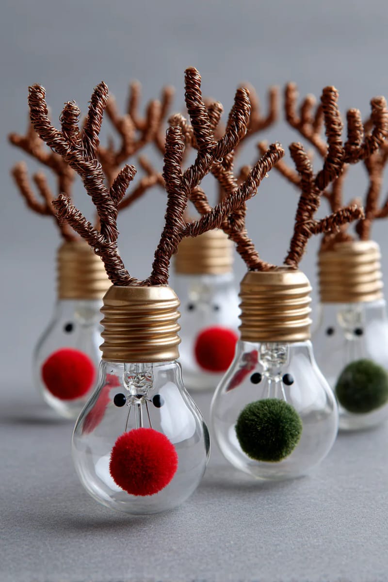 29 Upcycled Christmas Crafts For Unique Holiday DIY Projects 61 light bulb reindeer with pipe cleaner antlers and pom-pom noses 1