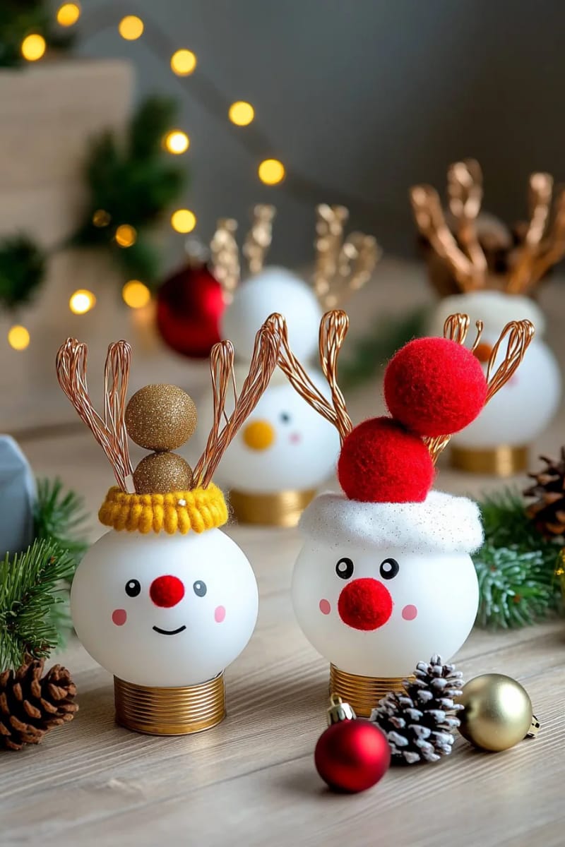 29 Upcycled Christmas Crafts For Unique Holiday DIY Projects 62 light bulb reindeer with pipe cleaner antlers and pom-pom noses 1