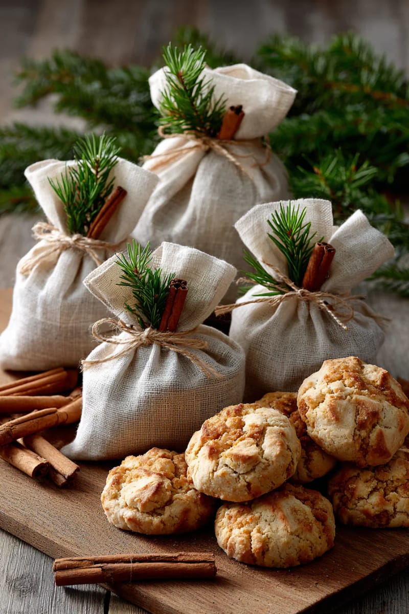 linen-wrapped handmade cookies with cinnamon and pine toppers 1