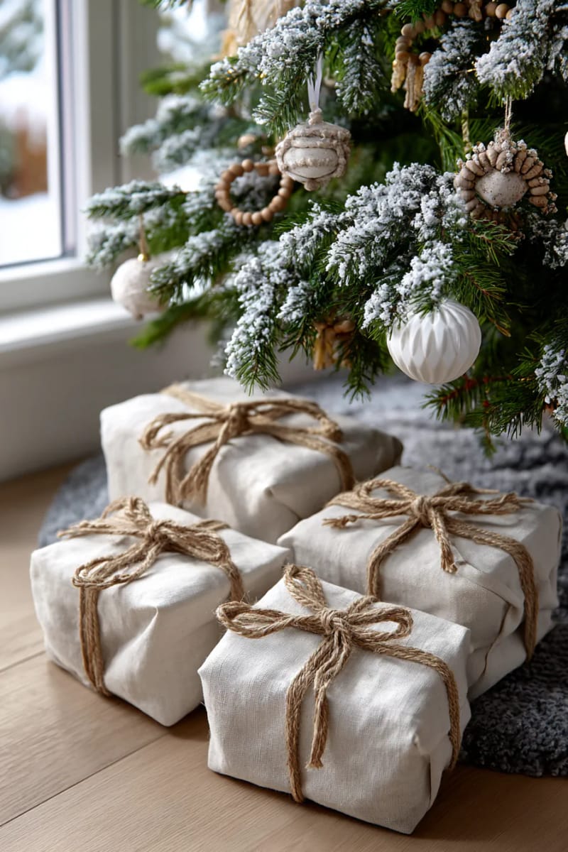 linen-wrapped presents with jute string under a frosted neutral christmas tree 1