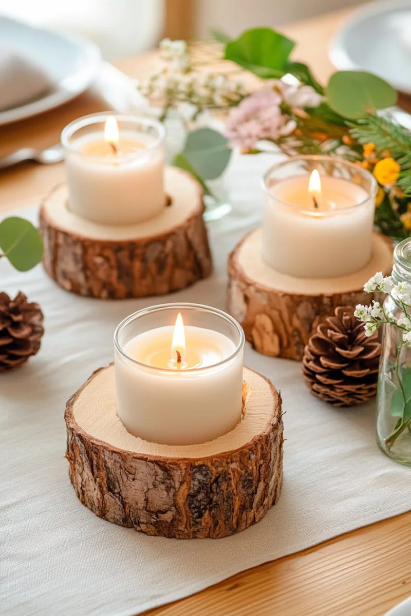 27 Rustic Christmas Decoration Ideas For Your Farmhouse 115 log candleholders carved for chunky white candles 1