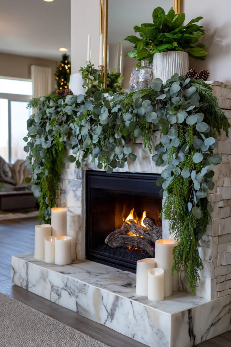25 Green Christmas Fireplace Decor Ideas for a Fresh and Festive Mantel 5 lush eucalyptus and cedar swag overflowing from a white stone fireplace 1