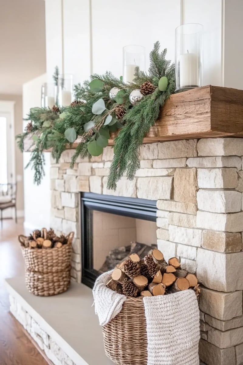 25 Green Christmas Fireplace Decor Ideas for a Fresh and Festive Mantel 6 lush eucalyptus and cedar swag overflowing from a white stone fireplace 1