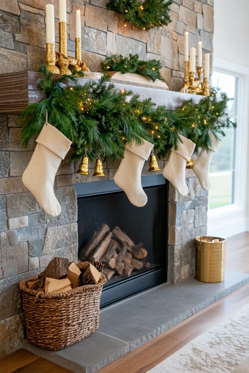 lush green garland with gold bells cascading from mantel to hearth 1