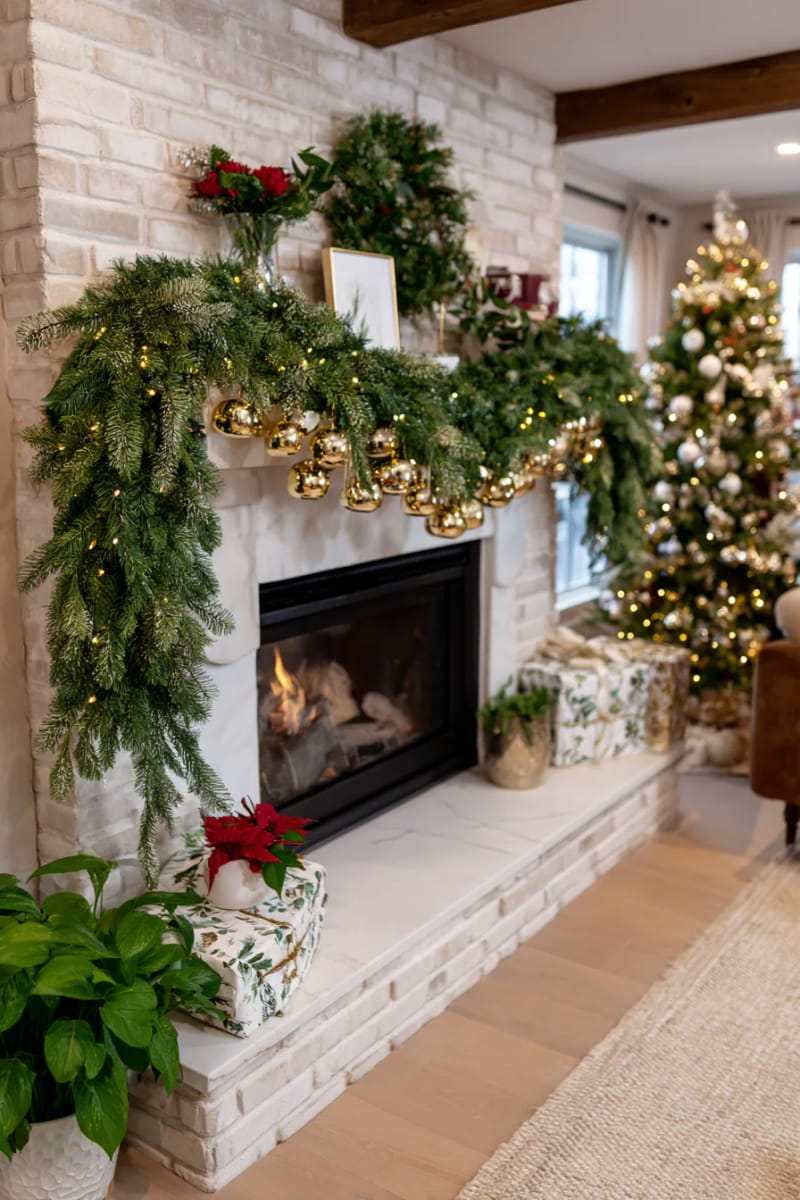 lush green garland with gold bells cascading from mantel to hearth 1