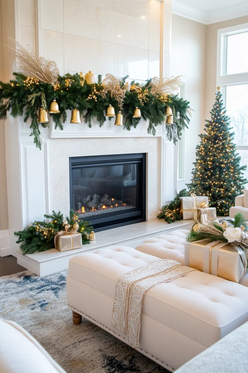 lush green garland with gold bells cascading from mantel to hearth 1