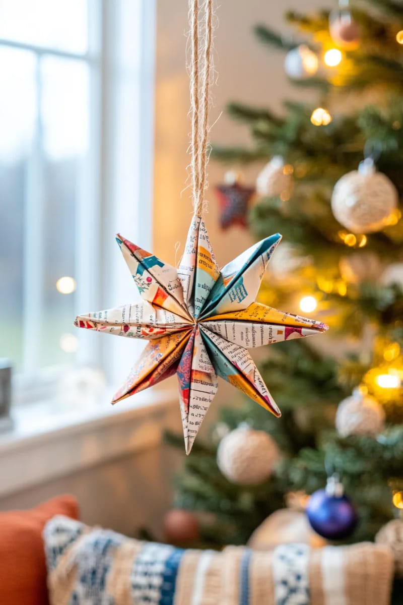 29 Upcycled Christmas Crafts For Unique Holiday DIY Projects 35 magazine page starburst ornaments for a boho tree vibe 1