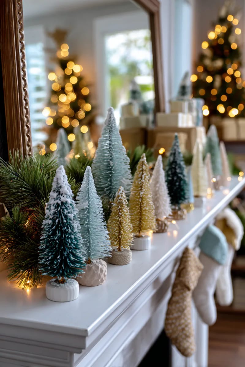 mantel lined with bottle brush trees in varying heights and colors 1