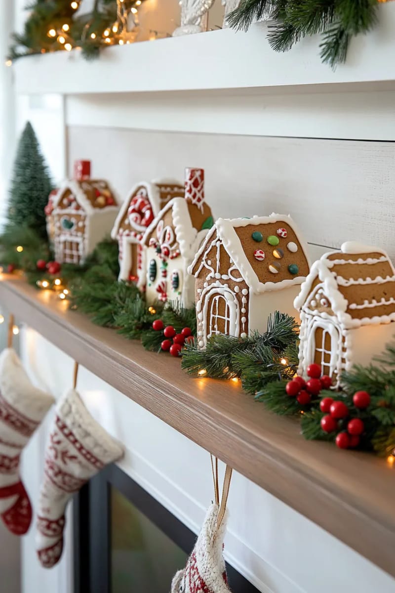mantle display featuring gingerbread houses and twinkling string lights 1