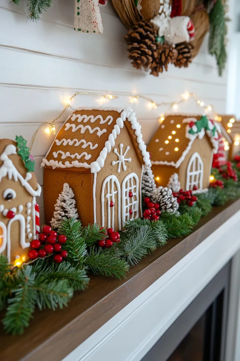 mantle display featuring gingerbread houses and twinkling string lights 1