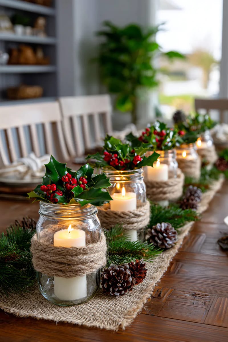mason jar candle holders wrapped in twine and greenery 1
