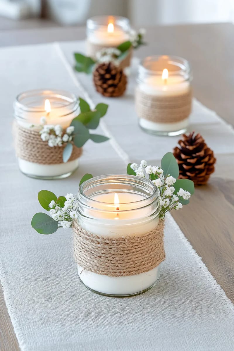 mason jar candle holders wrapped in twine and greenery 1