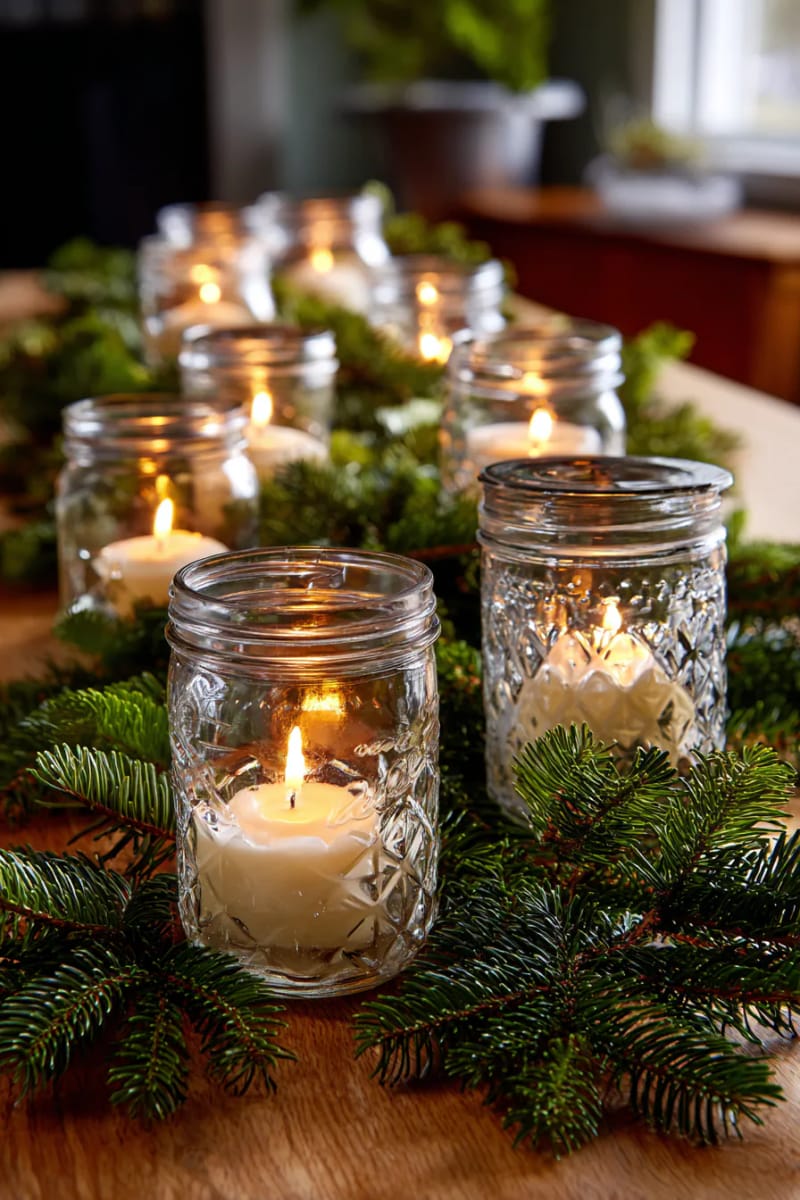27 Rustic Christmas Decoration Ideas For Your Farmhouse 28 mason jar candleholders nestled in pine branches 1