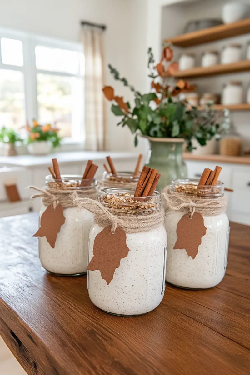 mason jar cookie mix with a cinnamon stick and leaf tag 1