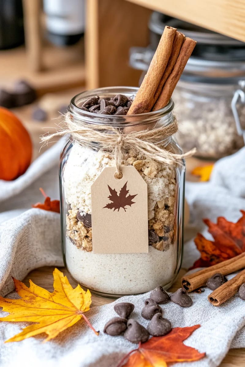 mason jar cookie mix with a cinnamon stick and leaf tag 1