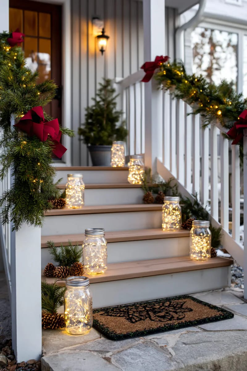 mason jar lanterns filled with battery string lights on each step 1