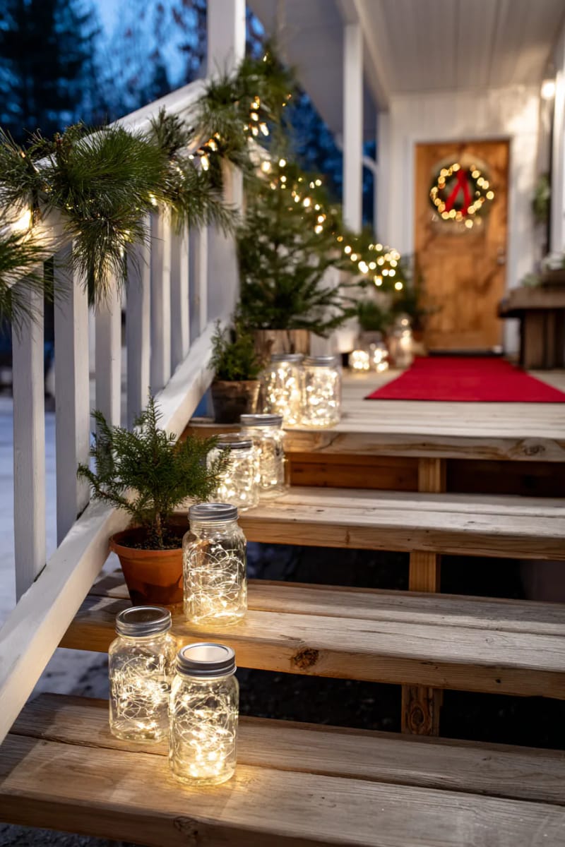 mason jar lanterns filled with battery string lights on each step 1