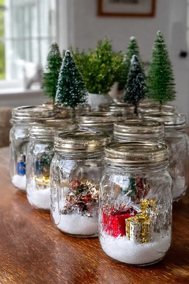 29 Upcycled Christmas Crafts For Unique Holiday DIY Projects 12 mason jar snow globes filled with upcycled holiday trinkets and bottlebrush trees 1