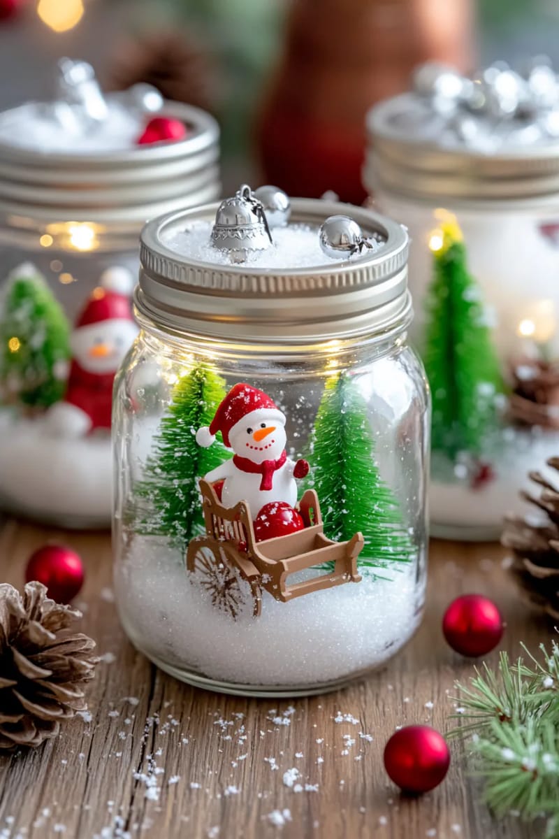 29 Upcycled Christmas Crafts For Unique Holiday DIY Projects 10 mason jar snow globes filled with upcycled holiday trinkets and bottlebrush trees 1