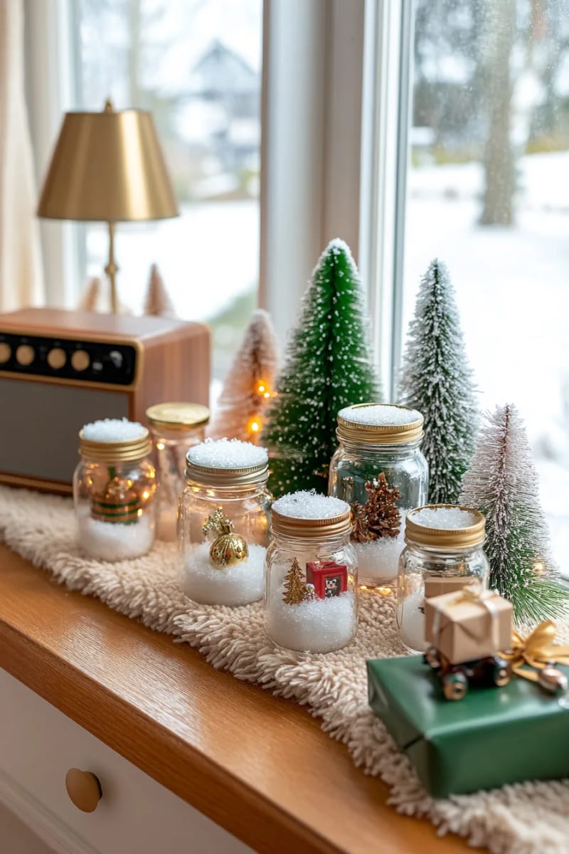 29 Upcycled Christmas Crafts For Unique Holiday DIY Projects 11 mason jar snow globes filled with upcycled holiday trinkets and bottlebrush trees 1