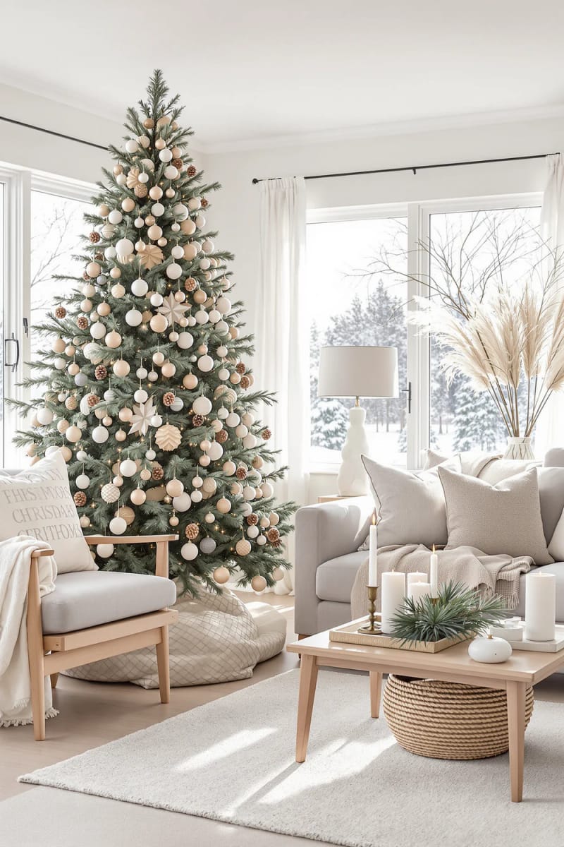 matte beige ornaments paired with pinecones on scandinavian-inspired trees 1