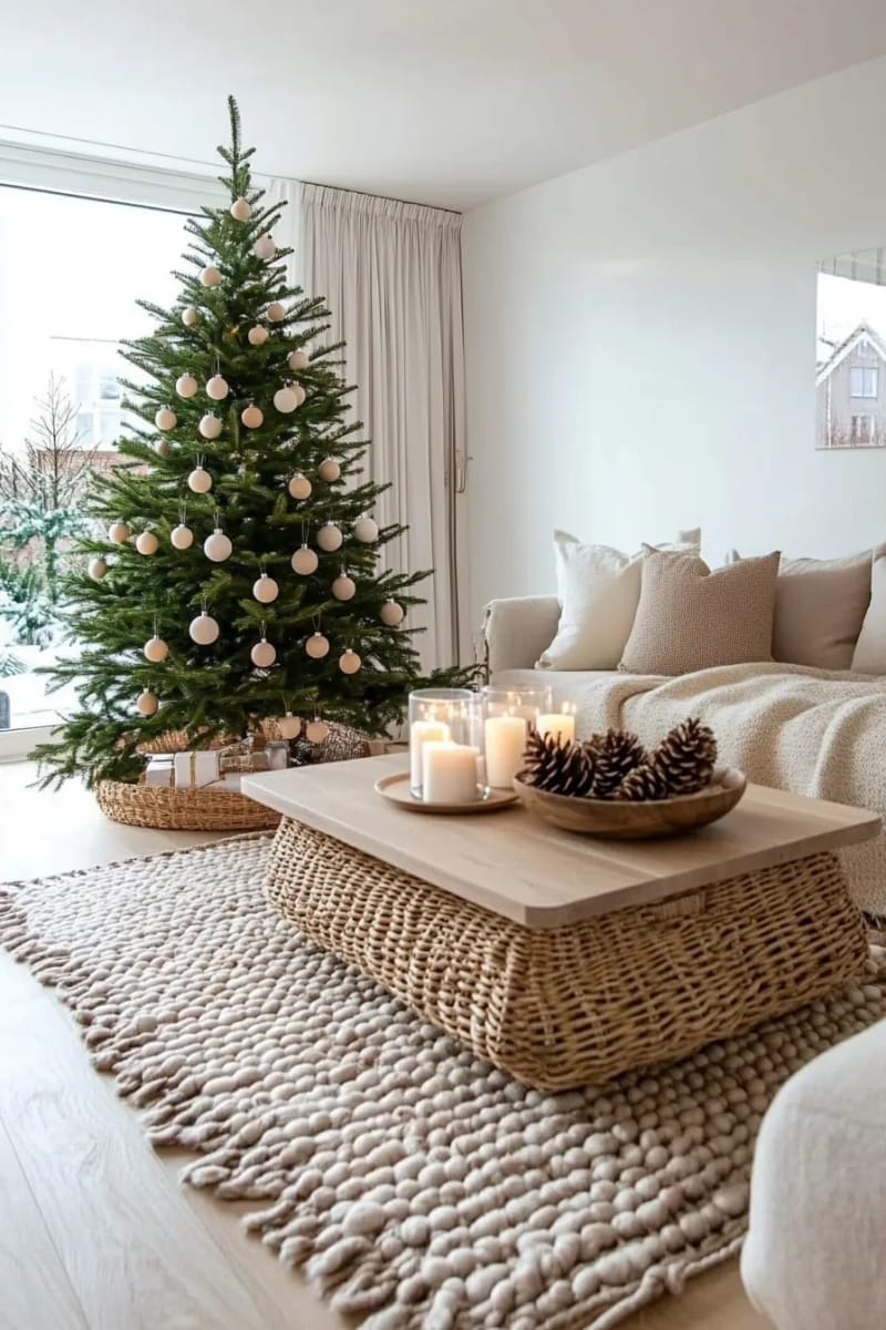 matte beige ornaments paired with pinecones on scandinavian-inspired trees 1