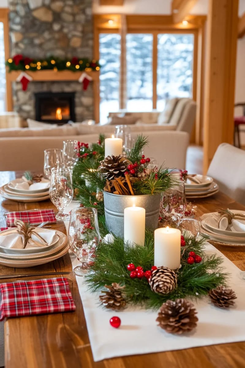 metal bucket centerpiece with pinecones, candles, and cinnamon sticks 1