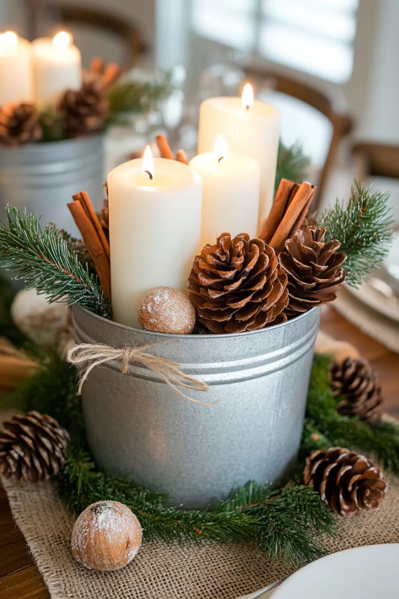 metal bucket centerpiece with pinecones, candles, and cinnamon sticks 1