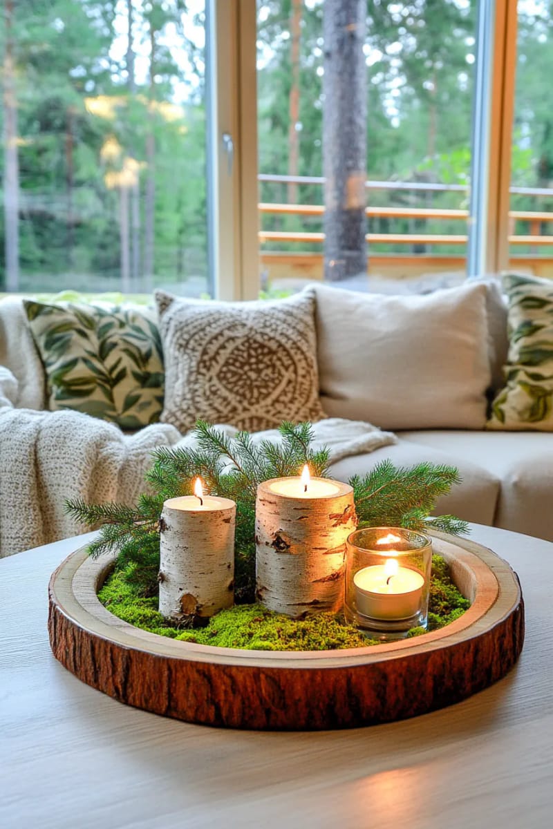 mini birch log candle holders with moss and pine sprigs on a tray 1