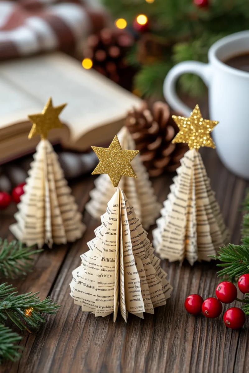 29 Upcycled Christmas Crafts For Unique Holiday DIY Projects 7 mini christmas trees crafted from folded book pages and star toppers 1
