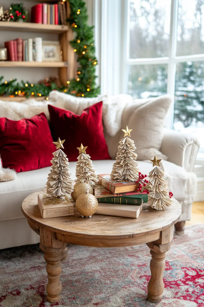 29 Upcycled Christmas Crafts For Unique Holiday DIY Projects 8 mini christmas trees crafted from folded book pages and star toppers 1