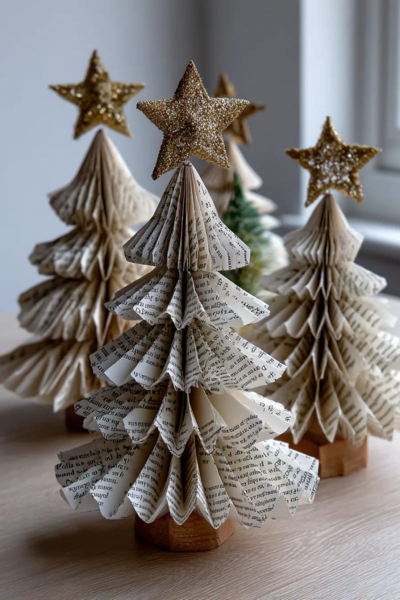 29 Upcycled Christmas Crafts For Unique Holiday DIY Projects 9 mini christmas trees crafted from folded book pages and star toppers 1