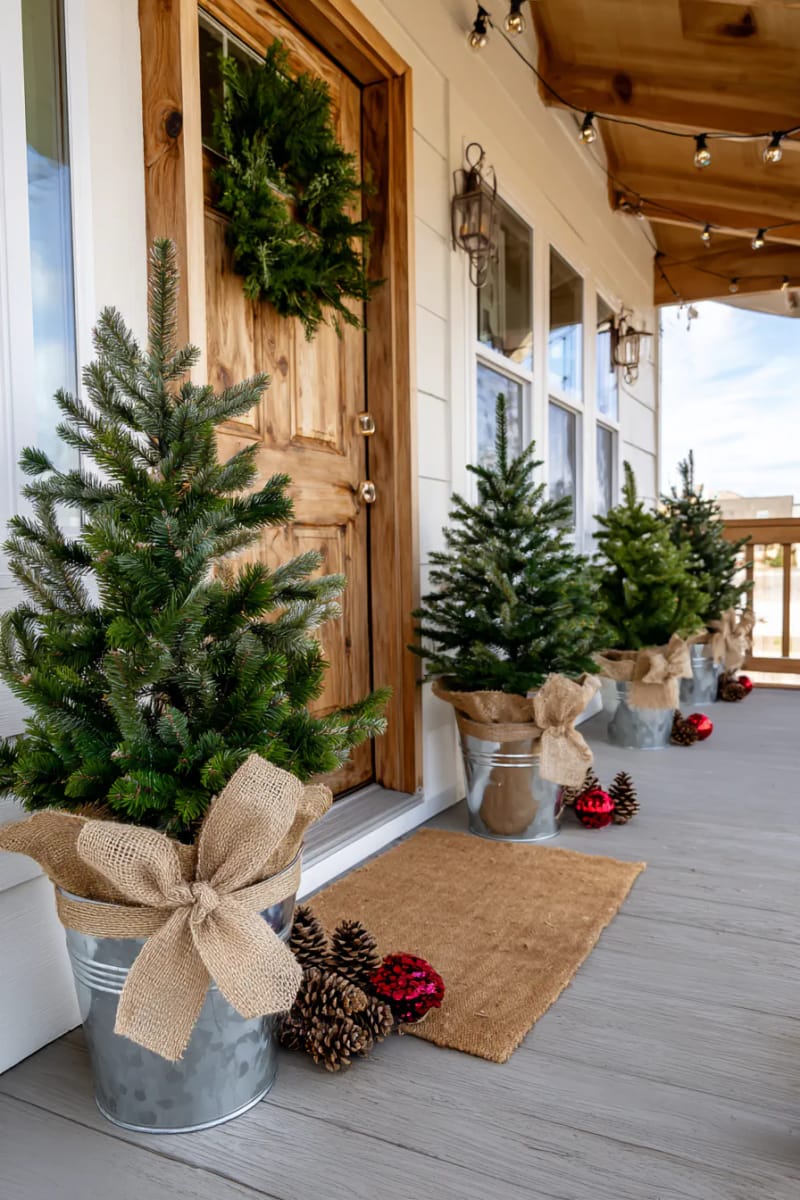 mini christmas trees in galvanized buckets with burlap bows 1