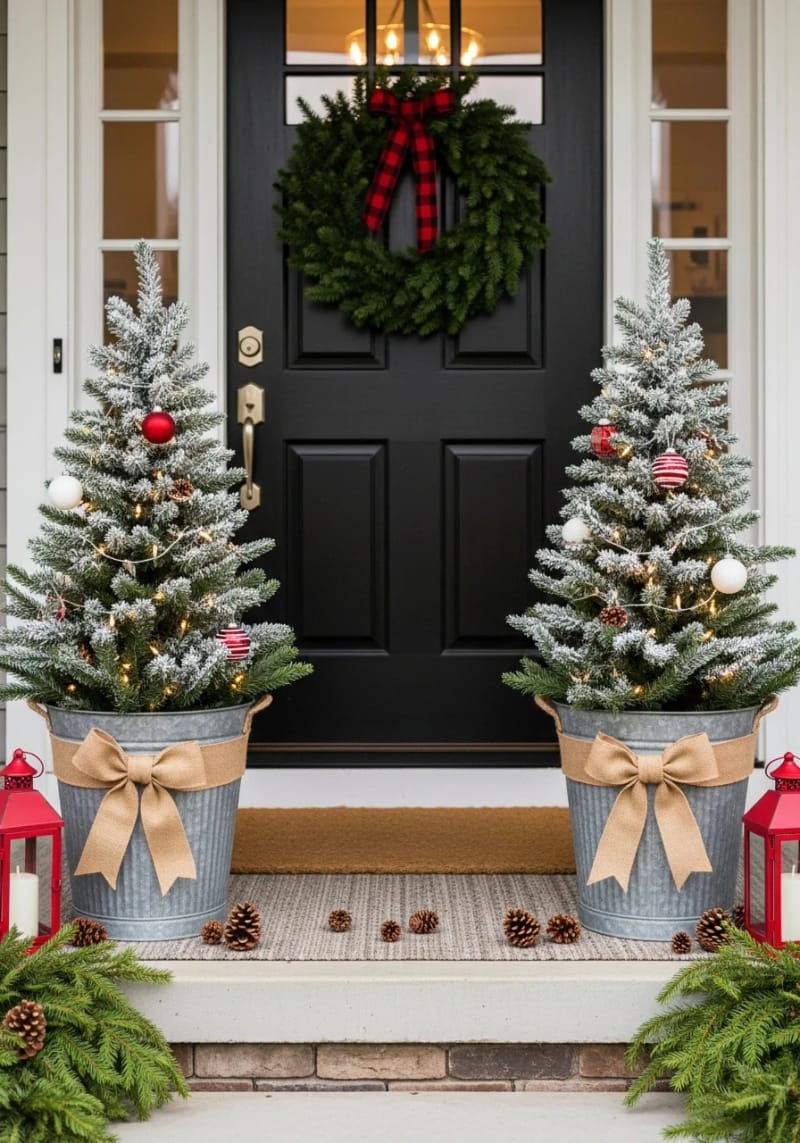 mini christmas trees in galvanized buckets with burlap bows 1