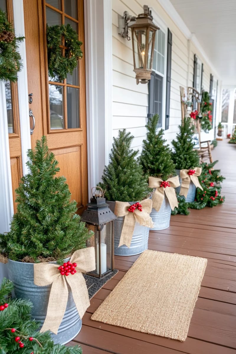 mini christmas trees in galvanized buckets with burlap bows 1