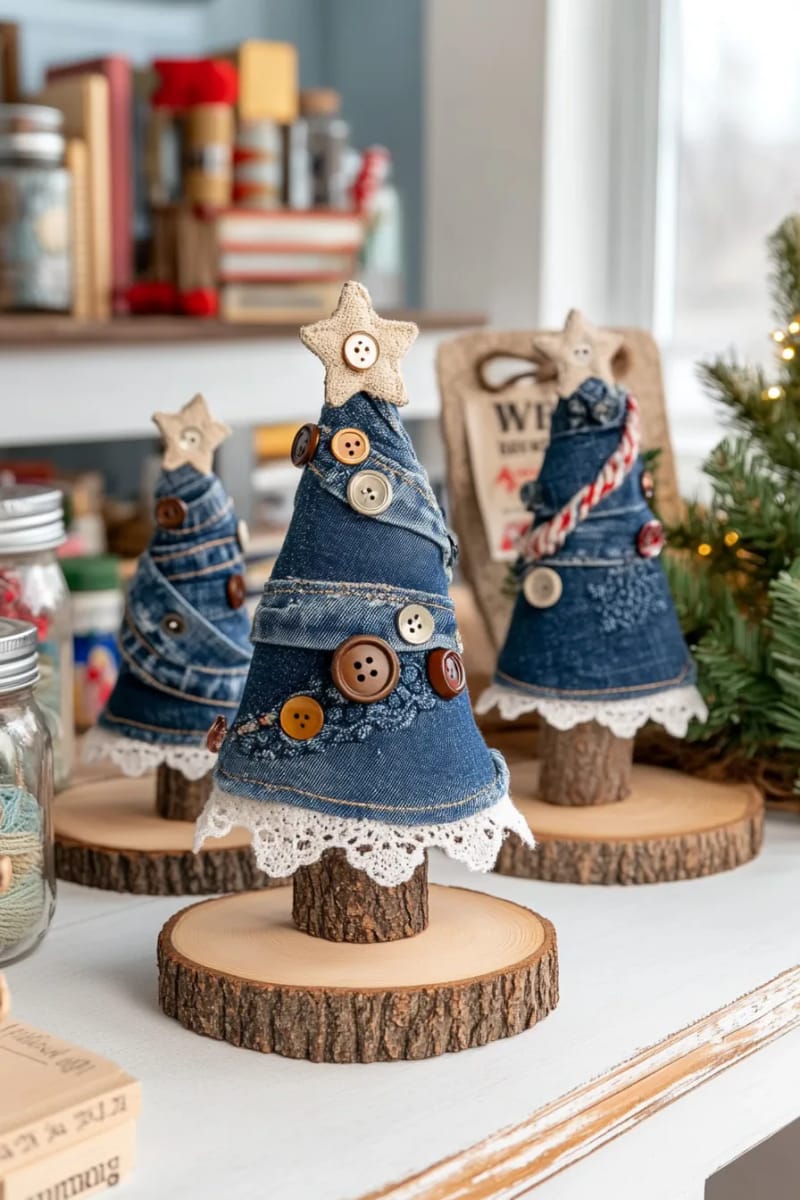 mini denim christmas trees decorated with vintage buttons and lace trim 1