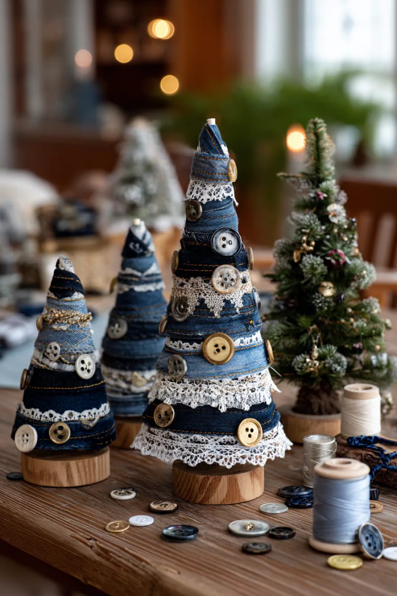 mini denim christmas trees decorated with vintage buttons and lace trim 1
