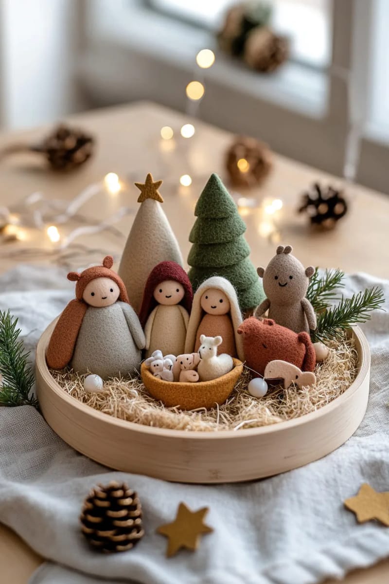 mini felt nativity scene with simple geometric holy family shapes 1