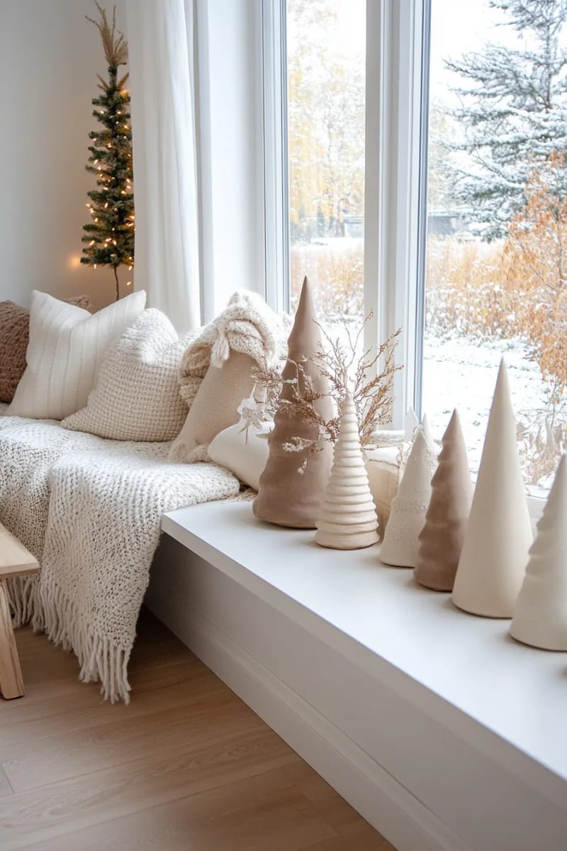 mini forest of neutral clay christmas trees on a windowsill 1