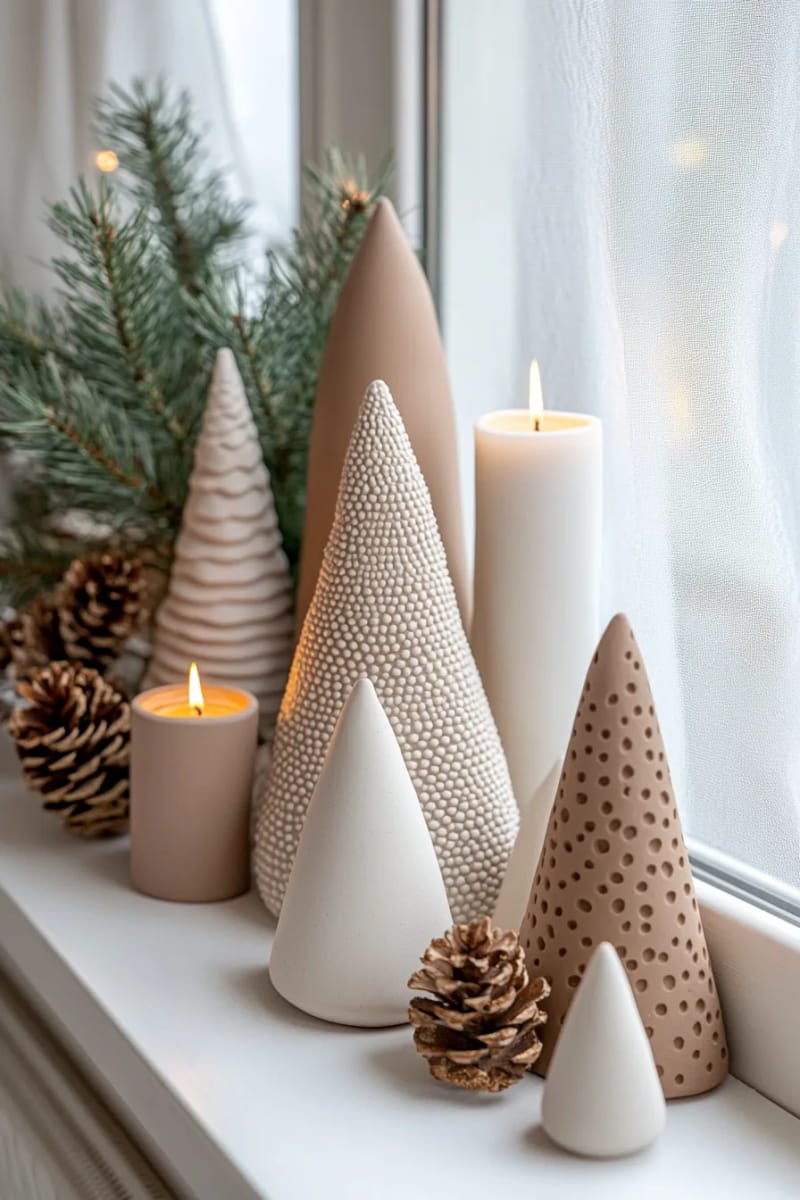 mini forest of neutral clay christmas trees on a windowsill 1