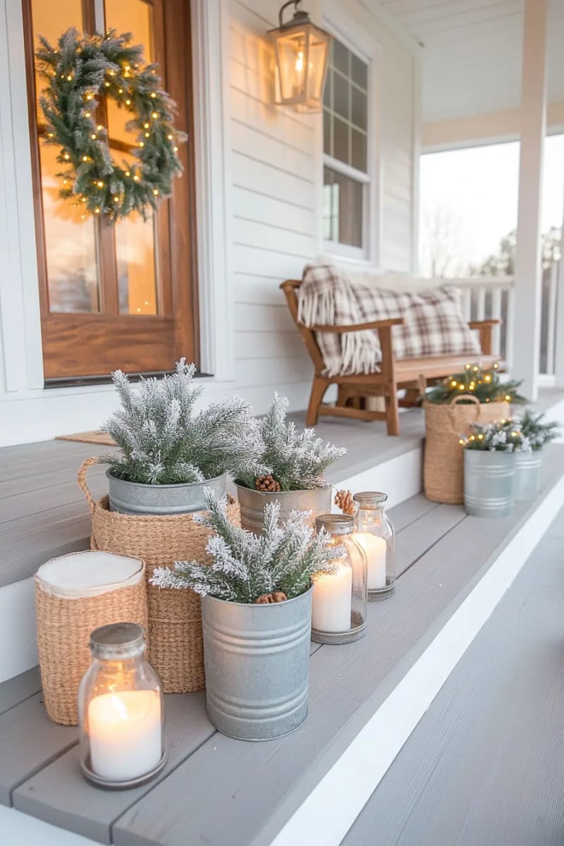 27 Rustic Christmas Decoration Ideas For Your Farmhouse 58 mini galvanized buckets filled with frosted evergreens 1