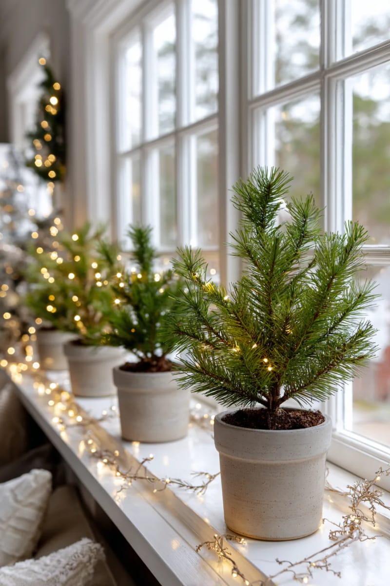 31 Elegant Minimalist Christmas Decor Ideas to Inspire 12 mini potted pine trees lined along a windowsill with white fairy lights 1