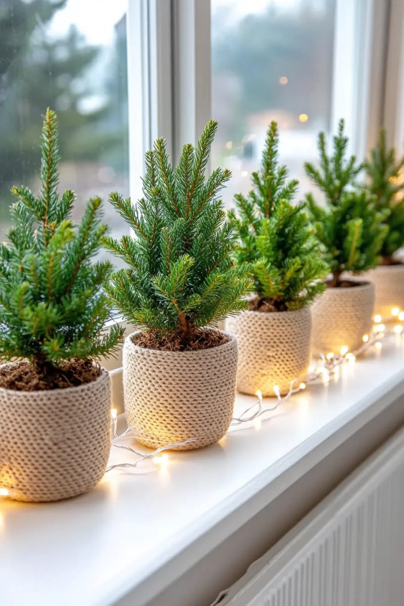 31 Elegant Minimalist Christmas Decor Ideas to Inspire 13 mini potted pine trees lined along a windowsill with white fairy lights 1