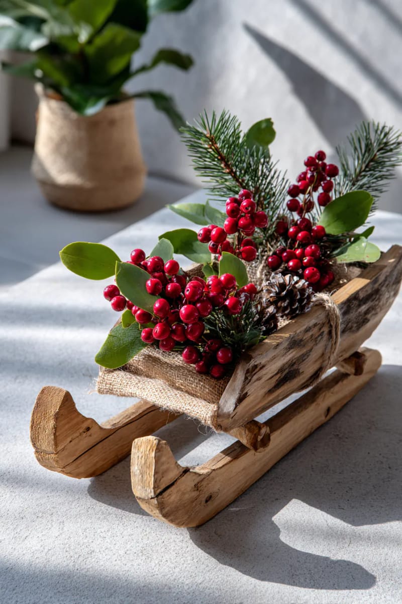 mini wooden sleigh adorned with greenery and berries 1