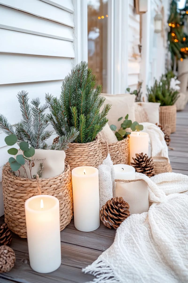 miniature evergreen trees in woven baskets surrounded by pillar candles 1