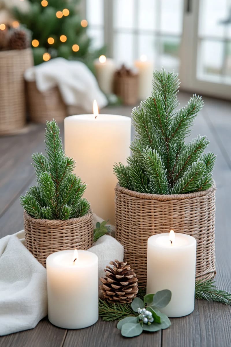 miniature evergreen trees in woven baskets surrounded by pillar candles 1