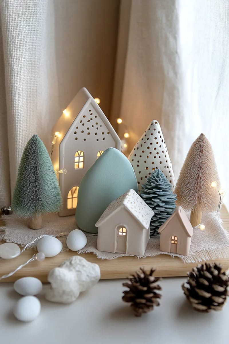 miniature forest of bottle brush trees in muted scandinavian tones 1