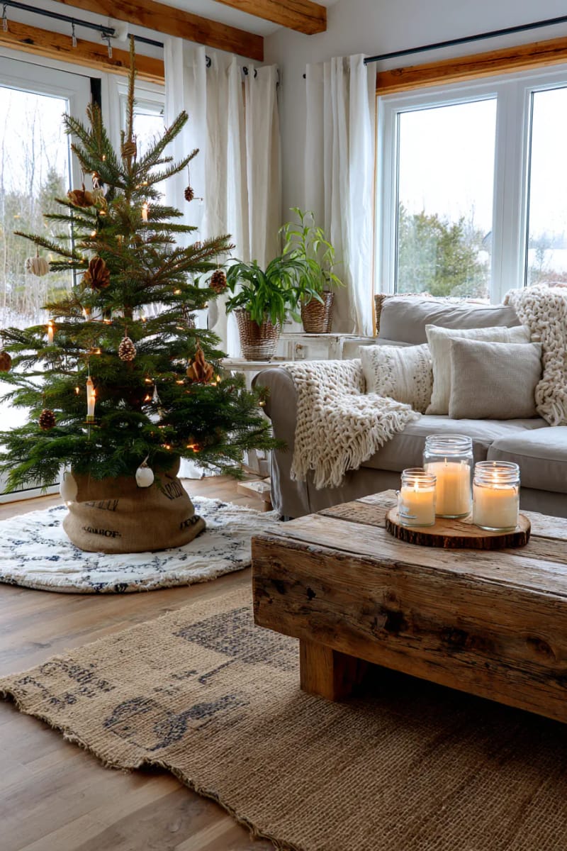 minimal christmas tree skirt made from upcycled burlap sacks 1