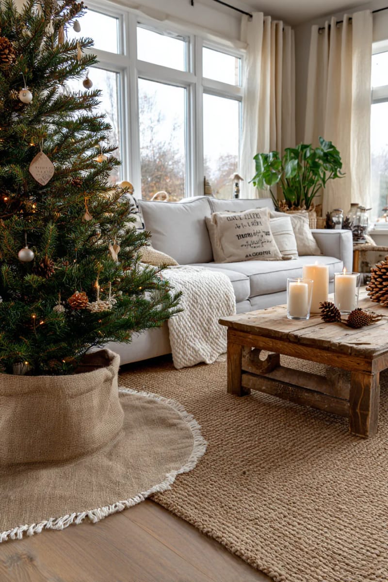 minimal christmas tree skirt made from upcycled burlap sacks 1